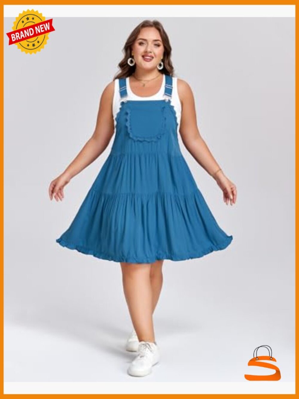 Plus Size Overall Dress Adjustable Straps Lace Trim Tiered Mini Dress with - Picture 3 of 6